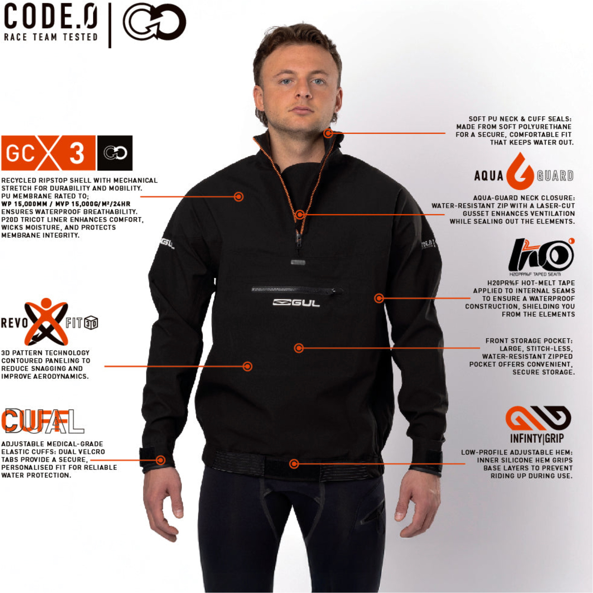 2026 Gul Mens Code Zero Recore 3L Spray Top ST0028 - Black / Orange